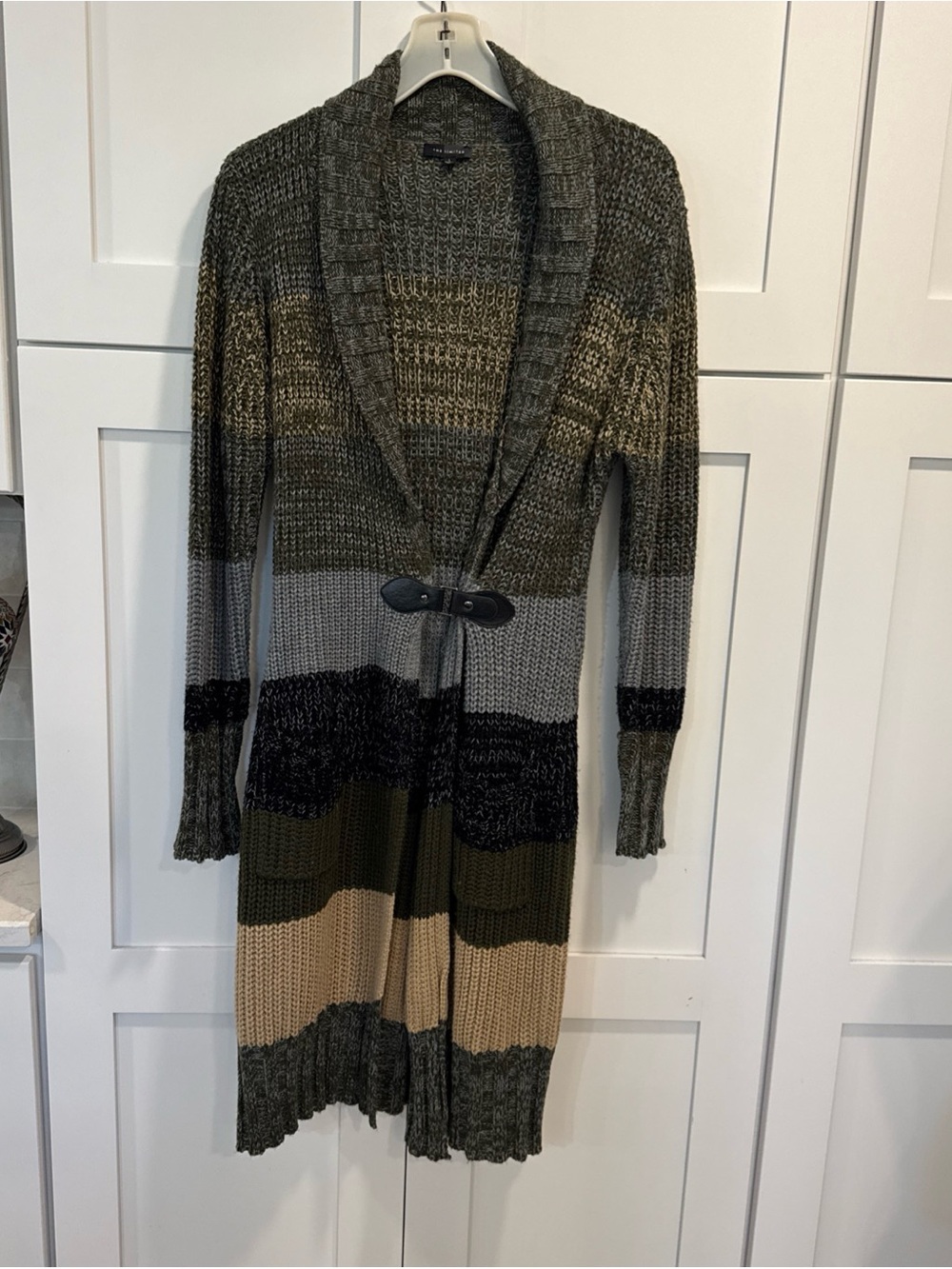The Limited Long Open-Front Striped Cardigan Sweater Olive Green Neutral Sz L